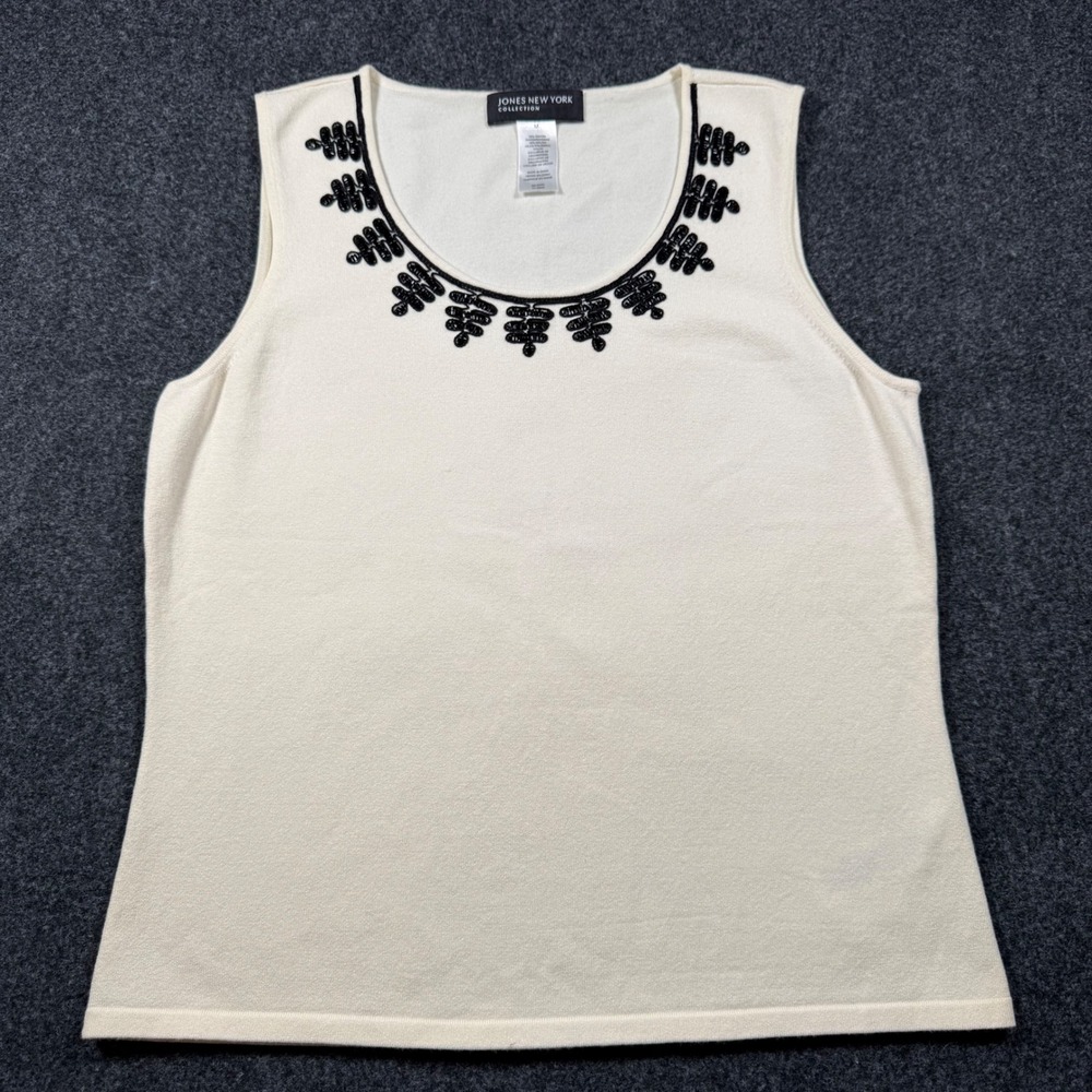 Jones New York Collection Ivory Knit Top Black Beaded Neckline Sleeveless Medium